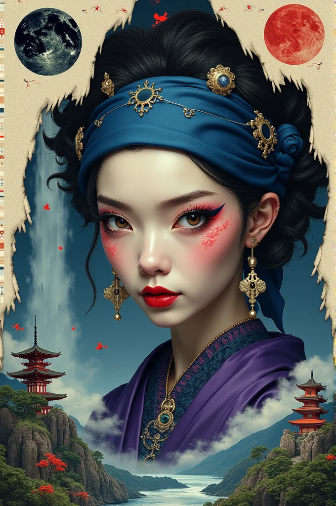 Torn curtain paper, fractal, asymmetric hexagon black and black gold, large close up photography of a Japanese Medusa woman in green granite marble pinsi in blue bandana with purple Baroque corset shawl, with red lipstick, standing facing the camera, rivers and natural landscapes, waterfall, mountain , thousand islands, pagoda,temple, planet earth indonesia,geometrical analytical geometry on the wall with structure ornaments made of metallic silver metal with explosion ink flow effect as a dark cherry blossom background with droste style
