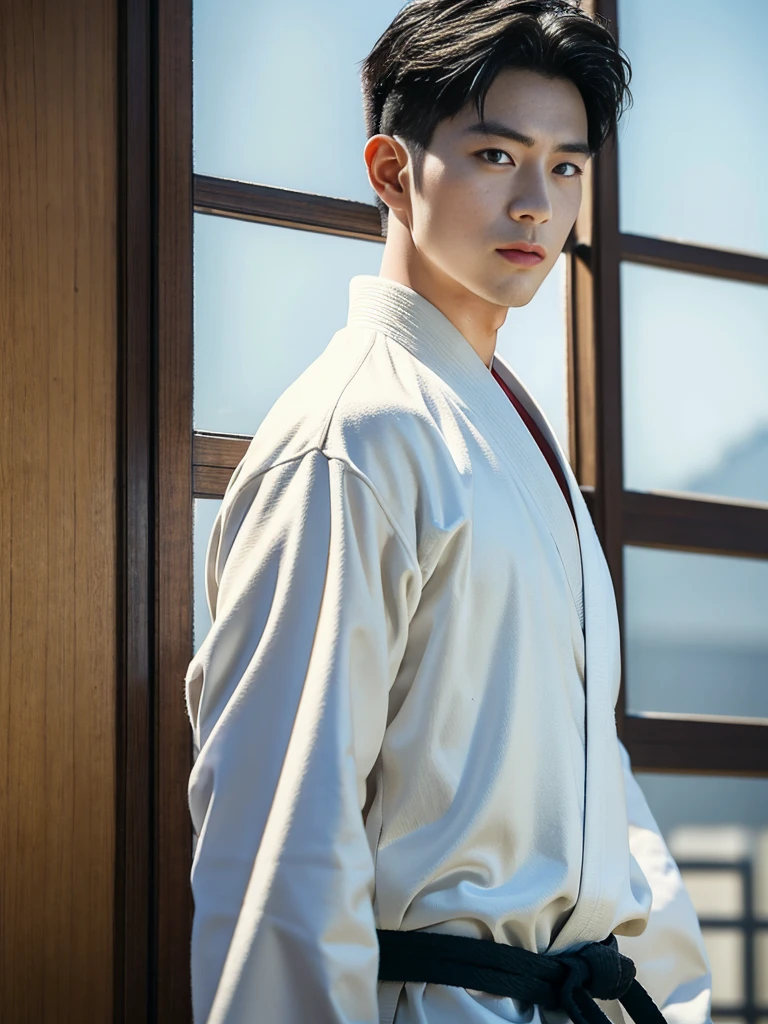 Cinematic Photo of a handsome japanese men 25-30 y.o fashion model, medium black hair. He is now playing judo in the competition.