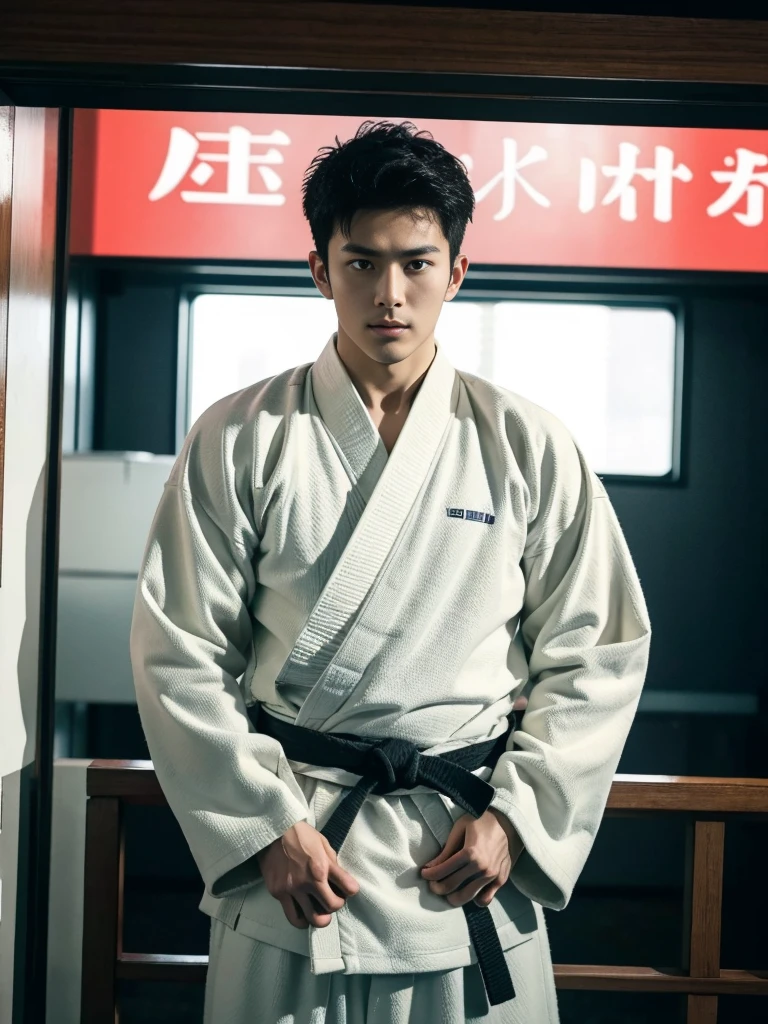 Cinematic Photo of a handsome japanese men 25-30 y.o fashion model, medium black hair. He is now playing judo in the competition.