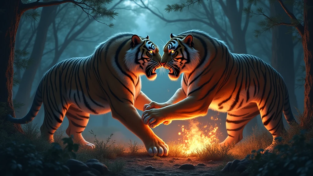 2 big monsters tigers fighting each other in the forest at night nearby the fire 8k  