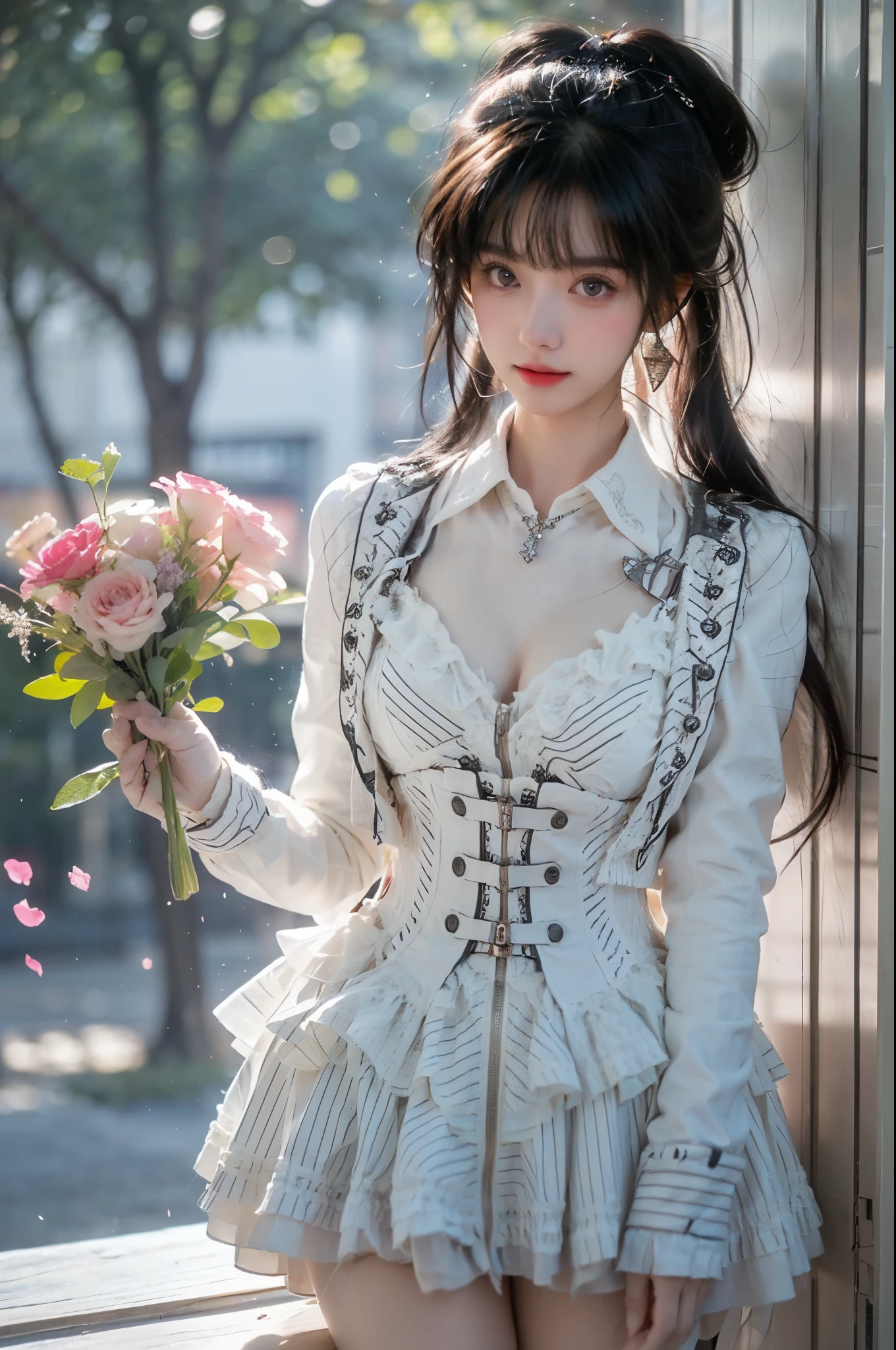 1 Girl, Sitting, whole body, Elegantly, Lots of flowers around，Lots of scattered petals， Visible cleavage，Sexy long legs，Exquisite makeup，Blush，Shy expression，Her skin is flawless，She gently lifted her skirt with one hand，Make gentle and playful gestures, The skirt is short, whole body湿透 沙滩, close up，Focus on the role，Ultra HD，best quality，Sony Master Lens，The color is pastel，Warm colors，Emphasis on natural beauty and elegance，Cute girl，High Detail，best quality，rich and colorful, Vibrant colors，Saturation