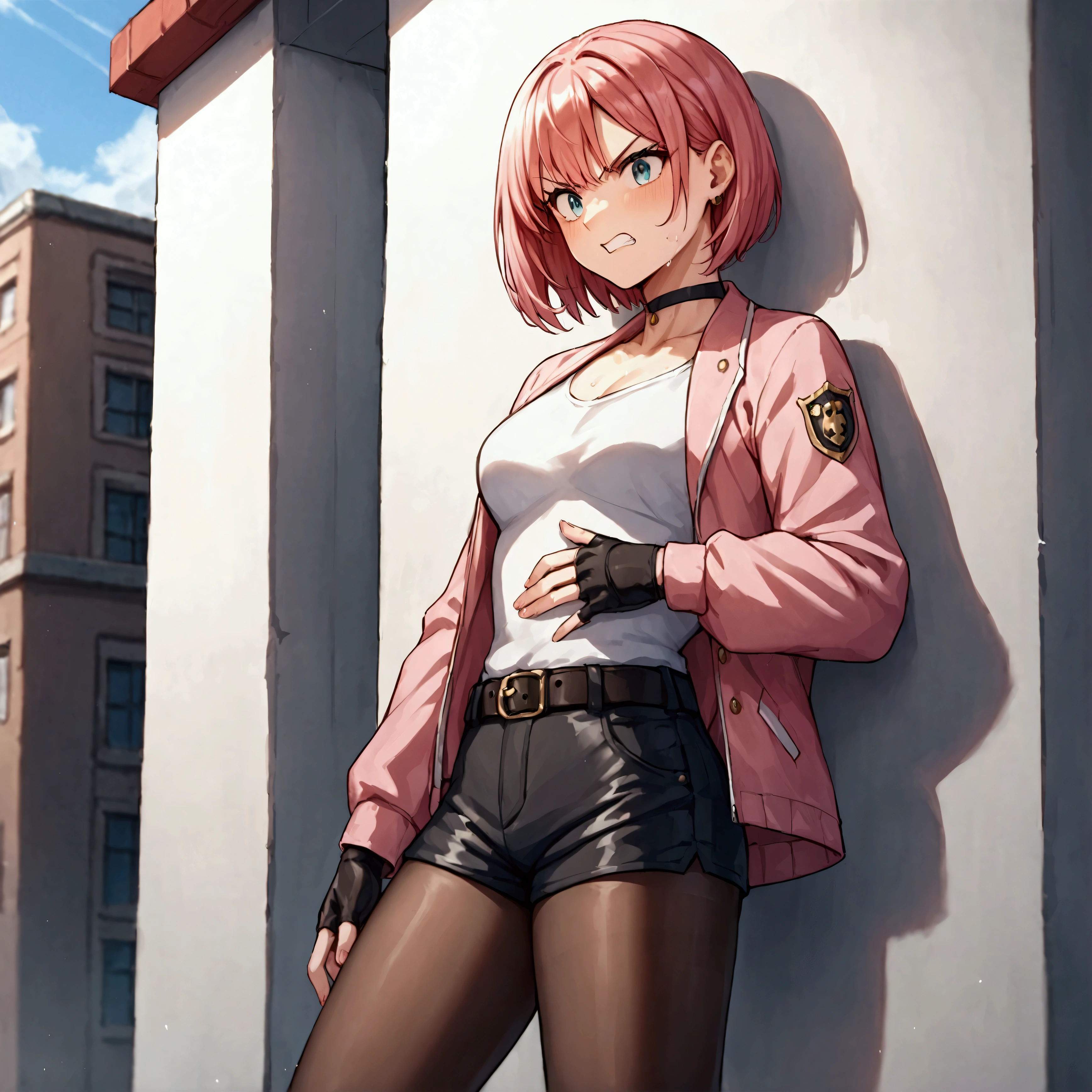 {{Female police officer struggling in a pink jacket against a wall}},E18,score_9, score_8_up, score_7_up, score_6_up, score_5_up, score_4_up,score_9, score_8_up, score_7_up, score_6_up, score_5_up, score_4_up,holding her stomach and enduring pain　suffering from stomachache .fighting stance , source_anime,sweaty,Grit your teeth,Black shorts, belt. black pantyhose，fingerless gloves,　pink　bob-cut hair ,rating_safe,v-shaped eyebrows.Black choker Clavicle　back alley, Beautiful thighs,Medium chest,