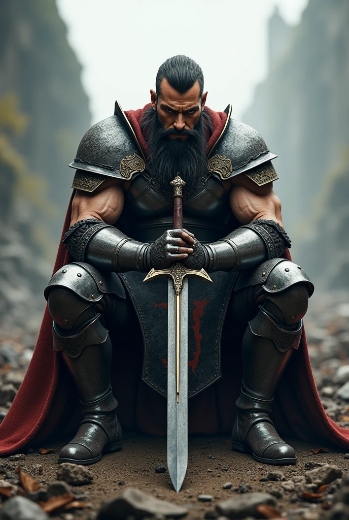A brave male warrior with well built body, he wear a armour and sitting in a battle field on his knees with his long sword