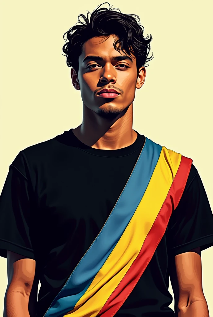 black shirt with yellow, blue and red sash