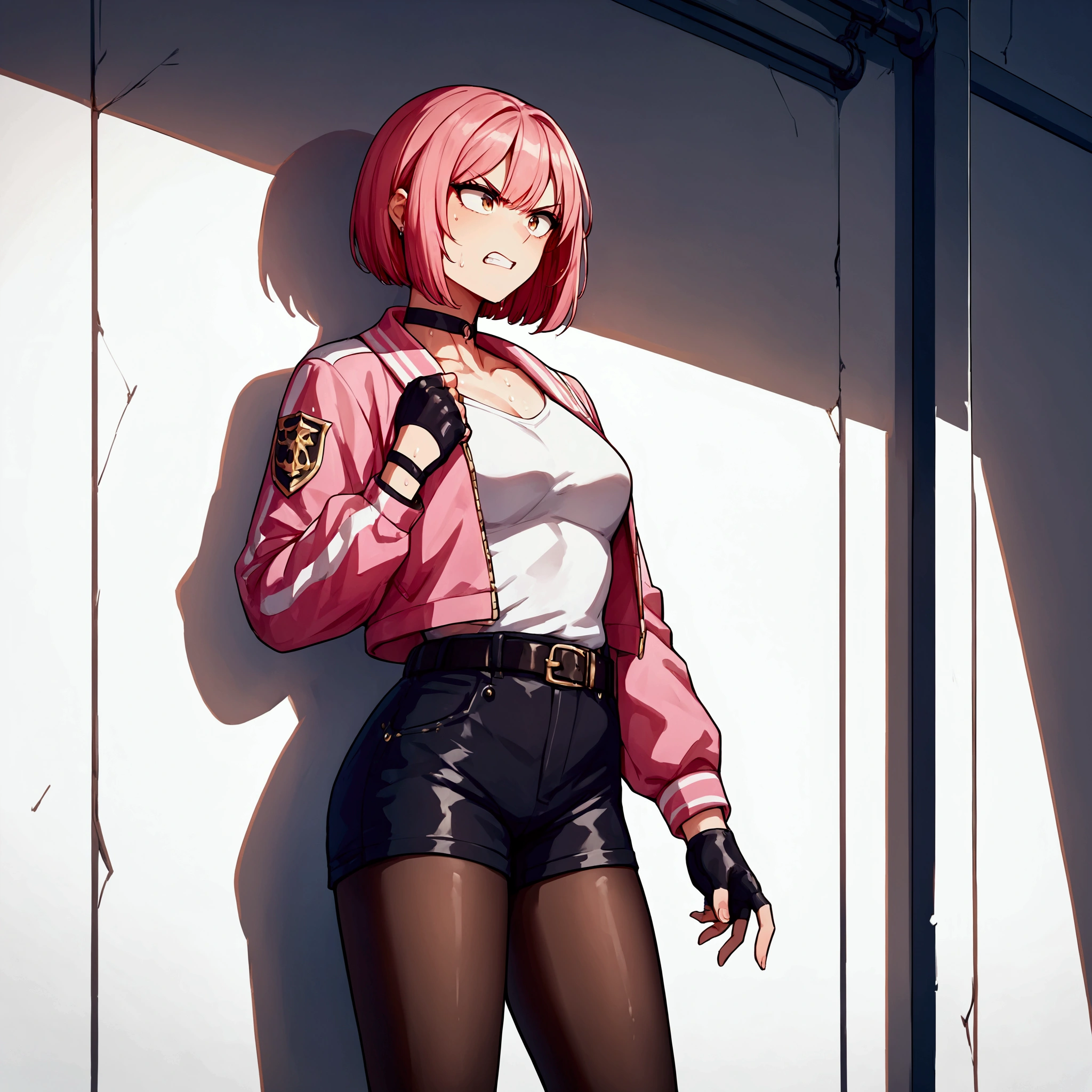 {{Female police officer struggling in a pink jacket against a wall}},E18,score_9, score_8_up, score_7_up, score_6_up, score_5_up, score_4_up,score_9, score_8_up, score_7_up, score_6_up, score_5_up, score_4_up,holding her stomach and enduring pain　suffering from stomachache .fighting stance , source_anime,sweaty,Grit your teeth,Black shorts, belt. black pantyhose，fingerless gloves,　pink　bob-cut hair ,rating_safe,v-shaped eyebrows.Black choker Clavicle　back alley, Beautiful thighs,Medium chest,