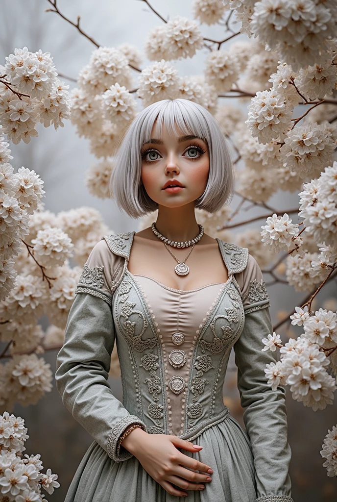 RAW photo, best quality, masterpiece, photorealistic, Polish girl, 20 years old, full body, black hair, Light grey eyes, short bob cut, hair in 7 thirds, hair over one ear, Detailed Skin, Detailed face, Big Breasts, rip gloss, Gel Nails, Detailed finger