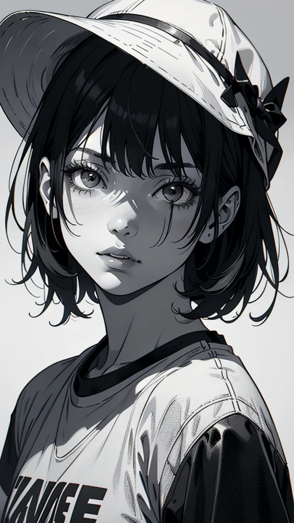 1 boyish girl, solo, sharp eyes, monochrome, greyscale, short black hair, portrait, T-shirt, closed mouth, looking at viewer, sketch, graphite \(medium\), detailed lips, hatching \(texture\), without makeup, bangs, upper body, (best illustration), (best quality), (very detailed), (masterpiece), expressionless,