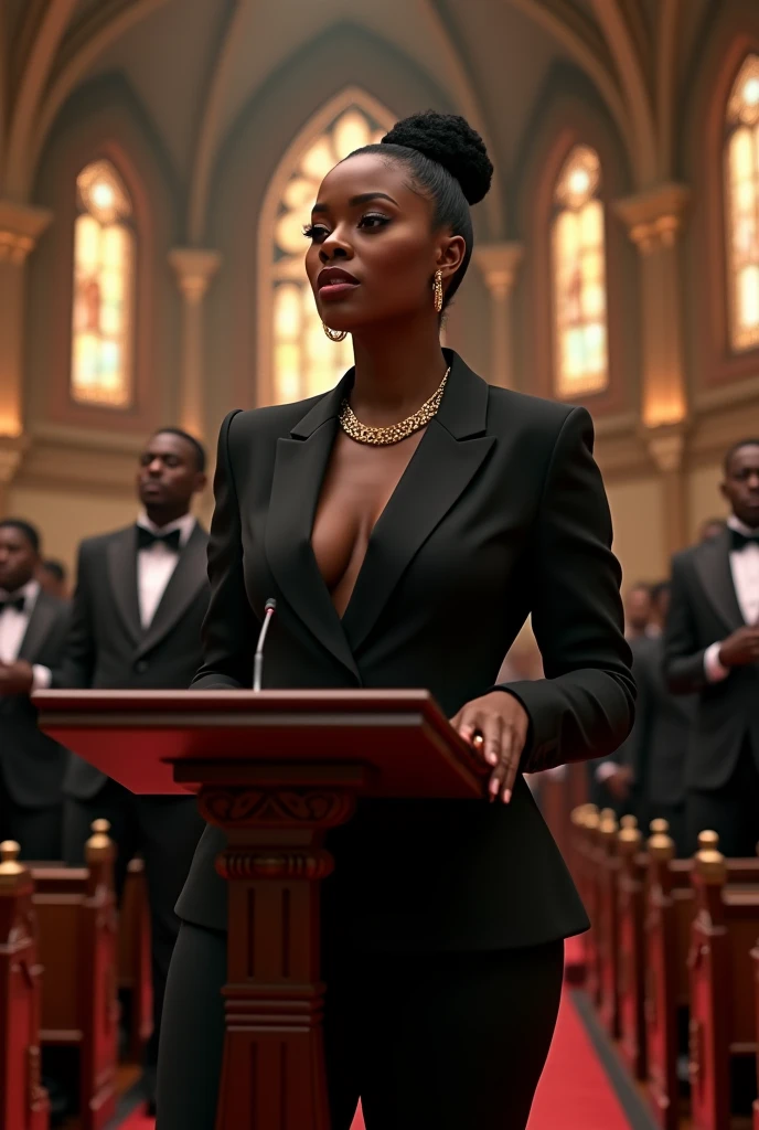 A body that looks like its clothes will burst with muscles,Create a high-resolution realist 3d image of a dark skin toned melanin elegant woman with a findom dominant and commanding persona and Prescence wearing luxurious attire, such as a tailored suits or designer dress, and posed in a confident stance. full body tall and plus size curvey body 5'9 265 lbs This mage should exude power, control, and sophistication, with a hint of mystery. the back ground is lavish hight rise office or a luxurious richly decotated tool reflecting wealth and power ,delivering a powerful speech inside a traditional gospel church. She stands at a wooden podium, dressed in an elegant black suit with a gold chain necklace. The church is warmly lit with stained glass windows depicting religious scenes. A choir, also in traditional gospel attire, is positioned behind her, singing passionately. The church is filled with an attentive congregation, and the atmosphere is vibrant and inspiring, combining historical architecture with a spiritual ambiance.
