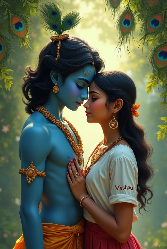 lord karishna with A indian girl she wear white shirt and on the her shirt write name Veshuu, peacock pankh best friend forever