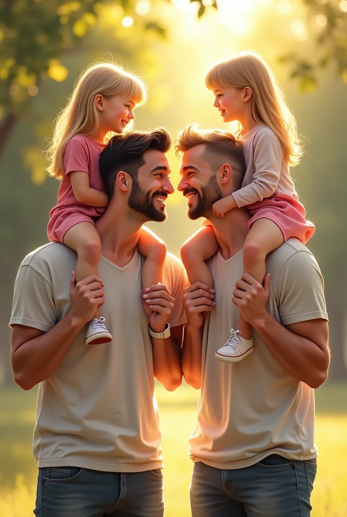 Gay dads with twin girls on the shoulders