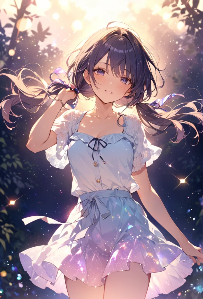 Highest quality masterpiece High resolution masterpieceグレーアイズ Low Twintails、casual summer outfit 、flowerpunk、Sparkling light particles、Vivid gradient effect