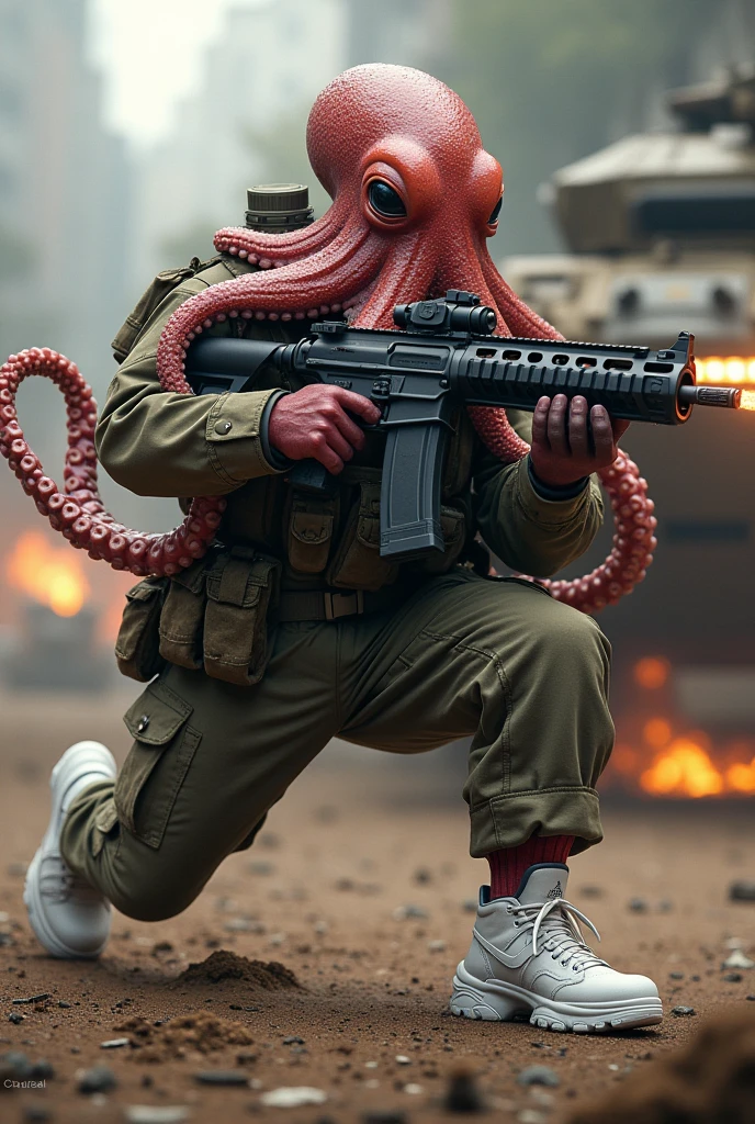 A octopus with a military suit with a white sneakers and hanging 7,62 ITKK 31 VKT weapon and firing enemy in front the armored vehicle 