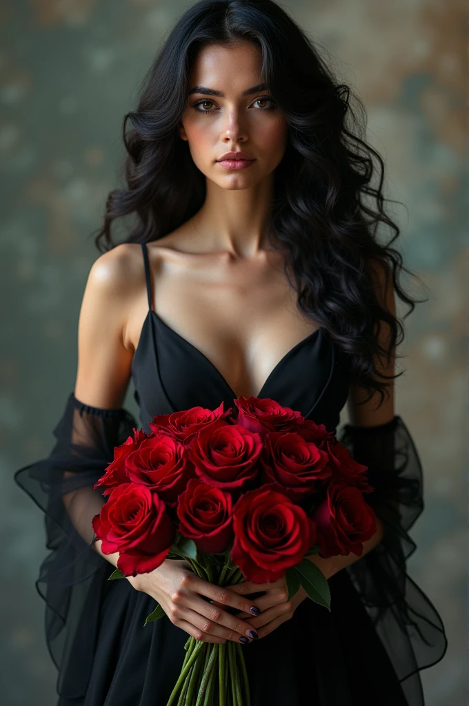 A woman with long black curly hair and red highlights, wearing a long black dress and holding red roses.