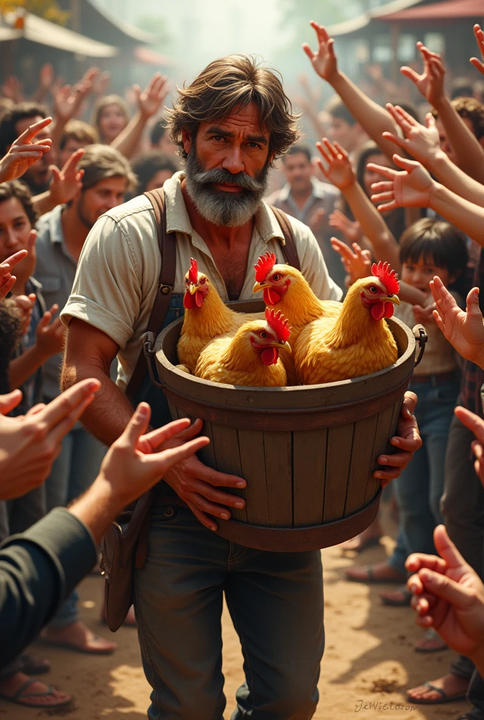 A farmer in his
Hand bucket of Murgi around for farmer, many human hands