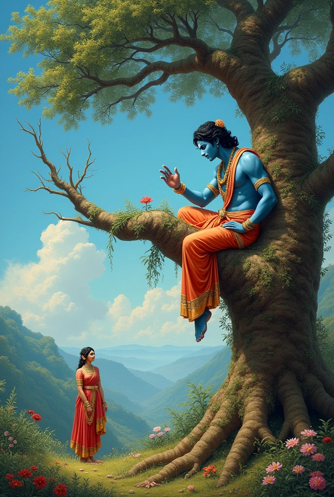 Krishna with fair and handsome In love with Radha, he is sitting on a tree while Radha is watching him from a distance.