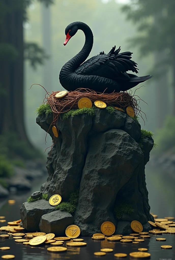 Black swan sitting on a big rock engraved with TRX, and DOGE coins as a nest, poisoned bananas 