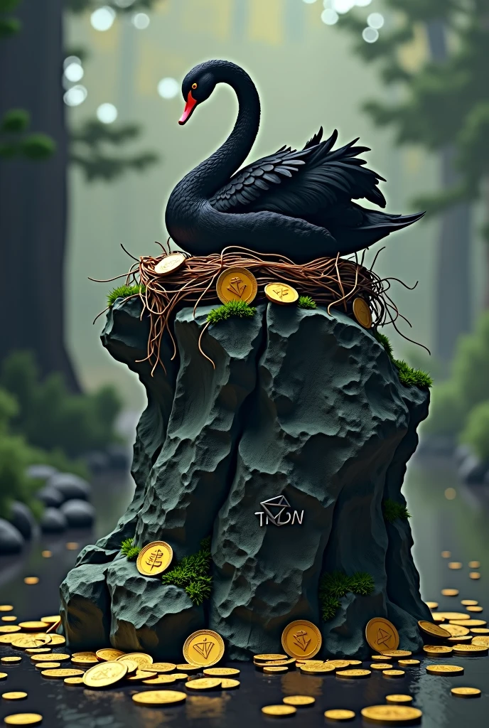 Black swan sitting on a big rock engraved with TRX, and DOGE coins as a nest, poisoned bananas 