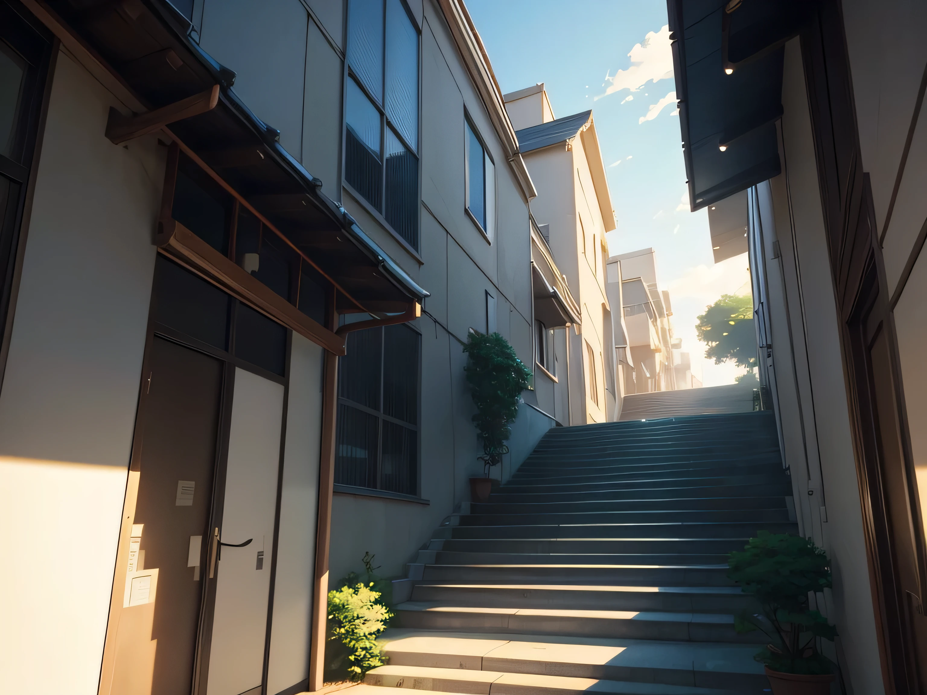 Picture of the stairs leading to the building, アニメ scenery, アニメ scenery concept art, アニメ. by makoto shinkai, 京都アニメーション, by makoto shinkai, by makoto shinkai, Makoto Shinkai. Attention to detail, realistic - アニメ, style of Makoto Shinkai, beautiful アニメ scenery, Makoto Shinkai art style