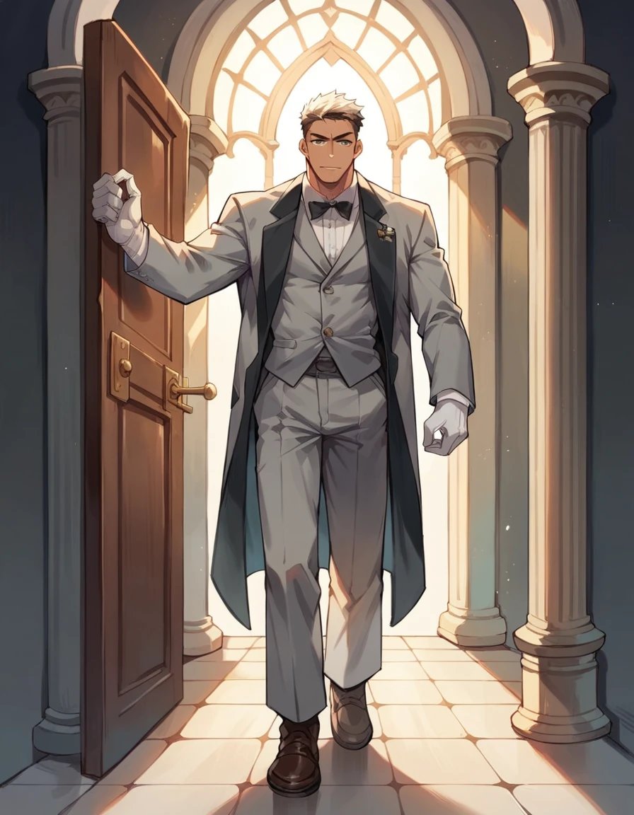 Handsome muscular white man with green eyessmiling in a doorway of a mansion dressed in a grey tuxedo with brown shiny leather shoes and while wearing white gloves