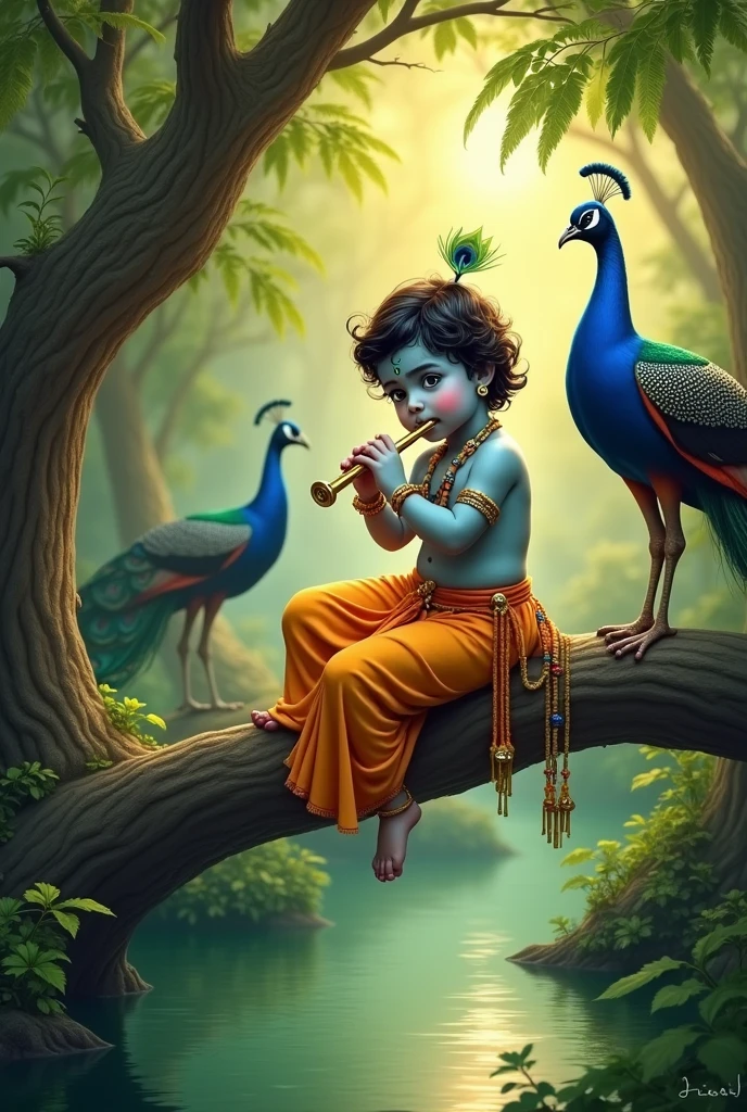 Beautiful Little Lord Krishna sit on  the tree near a green pond playing the flute looking fordward There should be 2 peacocks behind them in background 