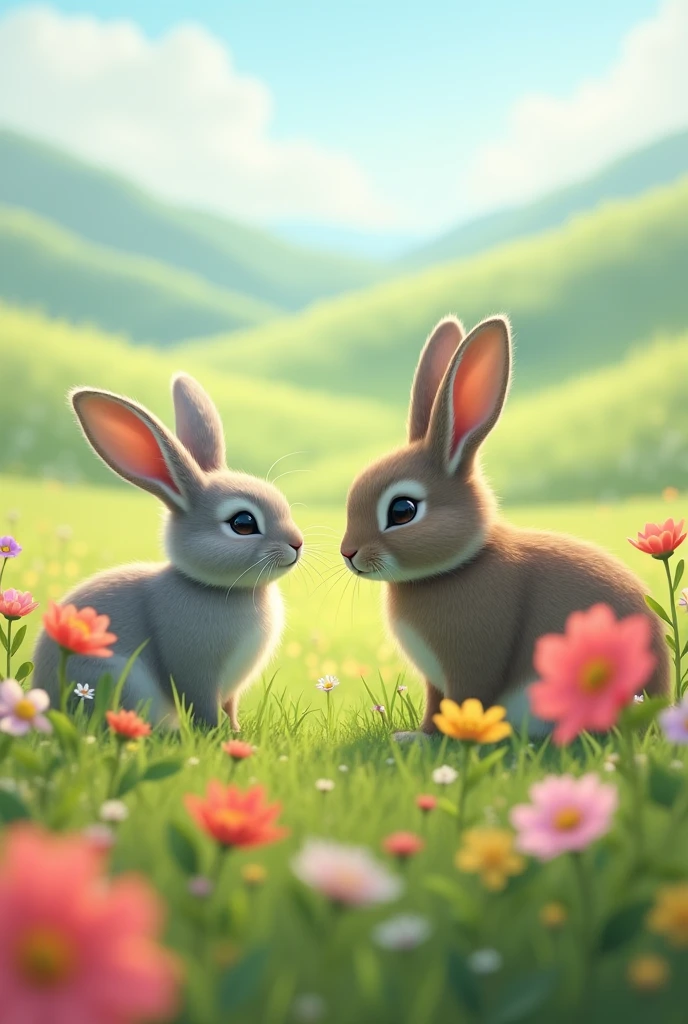  the female Rabbit is sniffing the flowers in the field and the male rabbit is looking at her