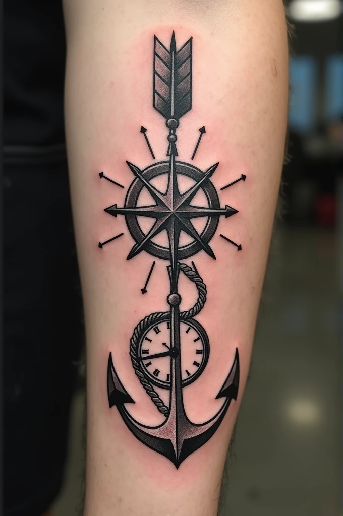Arrow tattoo that includes a compass, a hanging anchor and a clock with trails


