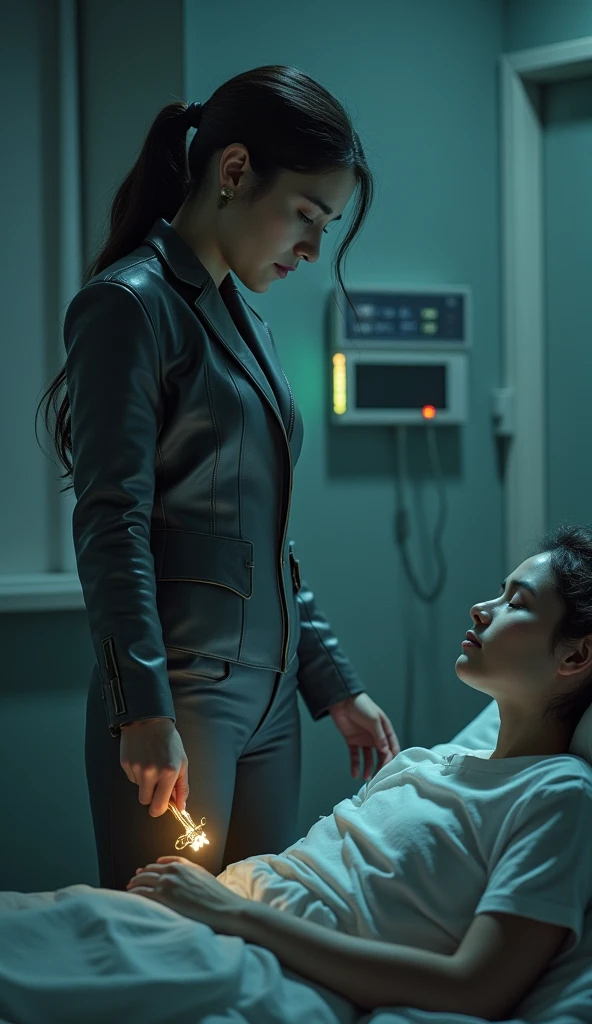 「Eclipse steps out of a shrinking black hole, finding herself in a quiet, sterile hospital room. The room is dimly lit, with the only source of light being the faint glow from medical monitors. On the bed lies her past self, a young woman, unconscious and bandaged, recovering from the accident. Eclipse, now dressed in her gray leather suit, stands by the bed, looking down at the person she once was. The golden key in her hand glows softly, reflecting the small black hole that lingers in the corner of the room. Eclipse's face is filled with a mix of sadness and reluctant acceptance, as she realizes this was the moment her unwanted power as a time traveler was born. The atmosphere is solemn, highlighting the burden of her abilities and the pain of her past.」