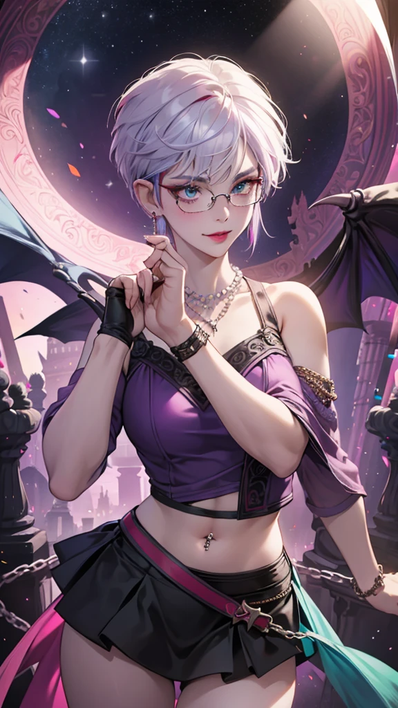 8k, masterpiece, best quality, highly detailed, 1 girl, tiefling, warlock, pixie cut, multicolored hair, very short straight hair red highlight hair on white hair, strippled hair, wearing glasses, round glasses, earrings, navel piercing, red eyeshadow, long eyelashes, blushed cheek, red lips, pearl necklace, rings, collarbone, mole on face, glamorous, teal and purple clothes, sleeveless, miniskirt, smirk, close up view, rings, looking at viewer, demon horns, solo, starry sky, pale blue moon, standing, boxing stance, demonic arms, chains on the background, black transparent laced gloves.