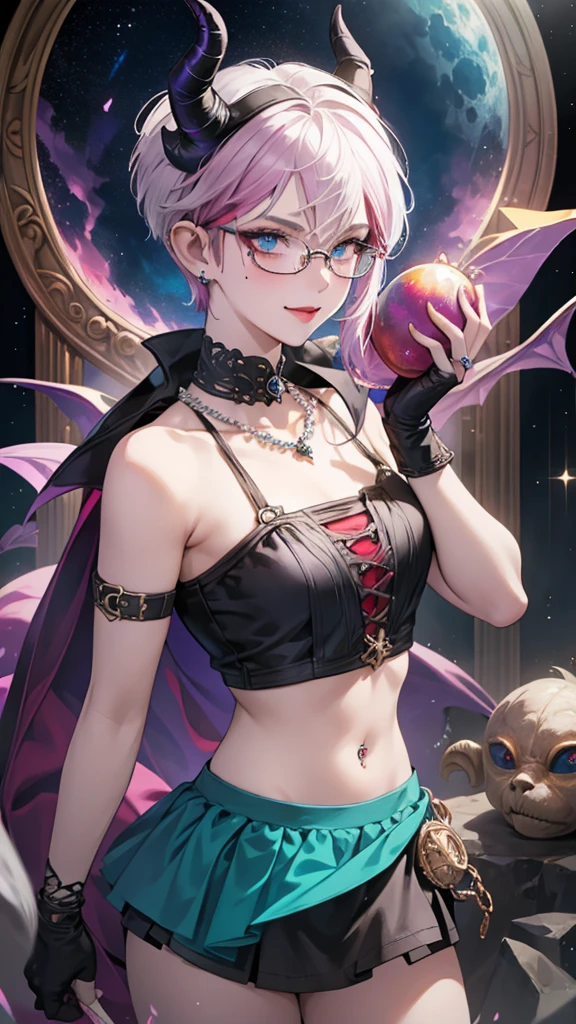 8k, masterpiece, best quality, highly detailed, 1 girl, tiefling, warlock, pixie cut, multicolored hair, very short straight hair red highlight hair on white hair, strippled hair, wearing glasses, round glasses, earrings, navel piercing, red eyeshadow, long eyelashes, blushed cheek, red lips, pearl necklace, rings, collarbone, mole on face, glamorous, teal and purple clothes, sleeveless, miniskirt, smirk, close up view, rings, looking at viewer, demon horns, solo, starry sky, pale blue moon, standing, boxing stance, demonic arms, chains on the background, black transparent laced gloves.