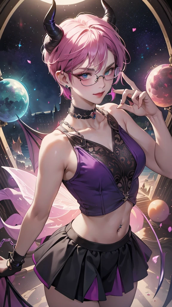 8k, masterpiece, best quality, highly detailed, 1 girl, tiefling, warlock, pixie cut, multicolored hair, very short straight hair red highlight hair on white hair, strippled hair, wearing glasses, round glasses, earrings, navel piercing, red eyeshadow, long eyelashes, blushed cheek, red lips, pearl necklace, rings, collarbone, mole on face, glamorous, teal and purple clothes, sleeveless, miniskirt, smirk, close up view, rings, looking at viewer, demon horns, solo, starry sky, pale blue moon, standing, boxing stance, demonic arms, chains on the background, black transparent laced gloves.