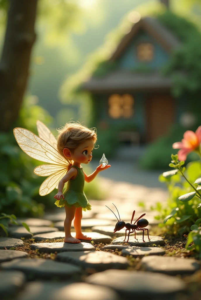 A minuscule fairy, with gossamer wings fluttering in a gentle breeze, crouched down next to a slightly larger ant. The ant appears to be struggling to free itself from the deep imprint of a human footprint in the soft earth. The fairy, with a determined expression on its delicate face, is extending a slender hand, tipping with a sparkling dewdrop, to lift the ant from its predicament. The sun casts a warm, dappled light through the surrounding foliage, highlighting the intricate patterns on the fairy's wings and the meticulous detail of the ant's exoskeleton. The background is a serene garden scene, with a cobblestone path leading to a quaint cottage, emphasizing the contrast between the fairy's ethereal world and the occasional clumsiness of the human realm. The shoe that left the footprint is just out of focus, hinting at the unseen presence that disrupted the harmony of this miniature tableau. The fairy's attire is a mix of nature's hues, blending seamlessly with the greenery, while the ant's antennae twitch in anticipation of being released. The overall atmosphere is one of compassion and camaraderie, as the fairy embodies the spirit of helping those in need, regardless of size or species. The scene is imbued with a sense of wonder and magic, reminding the viewer of the often-overlooked connections between all living beings in the grand tapestry of life.