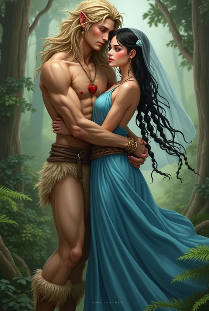 A handsome, thin young man with long beige hair down to his knees. He is bare-chested and tanned.. Legs are fluffy, covered with brown fur, all fur, he is still a faun or a satyr. He is very young.. Looks only . Facial features are masculine, Asian. He is thin built.. He has a red heart pendant on his chest. He is being embraced by a woman in a bright blue floor-length tunic.. The woman has black braids down to the ground. On the head is a translucent veil reaching to the floor. The woman's eyes are green. There is a brown belt on the tunic. Shoes women brown greek sandals. Woman smiling. She has tanned skin and a pink blush on her face.. Forest background with ferns.