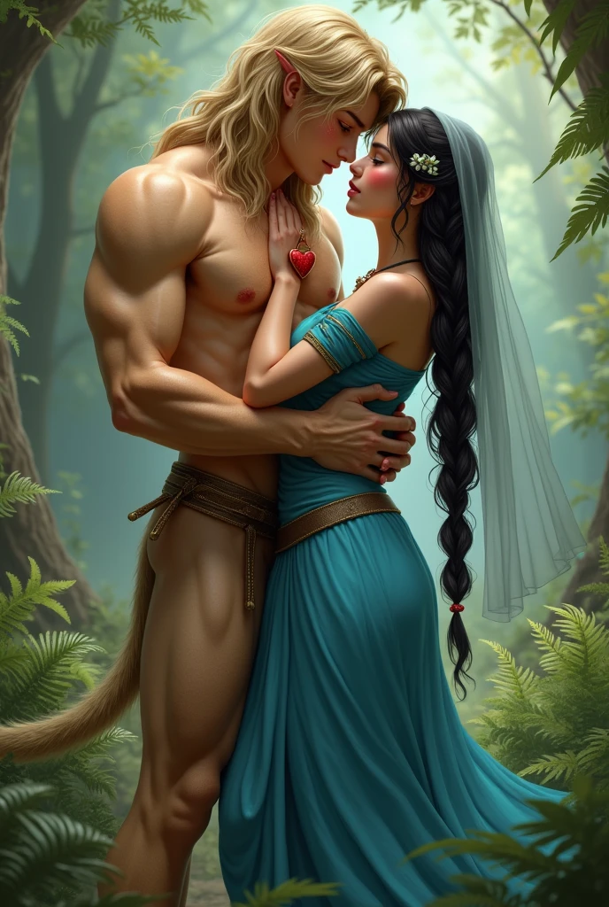 A handsome, thin young man with long beige hair down to his knees. He is bare-chested and tanned.. Legs are fluffy, covered with brown fur, all fur, he is still a faun or a satyr. He is very young.. Looks only . Facial features are masculine, Asian. He is thin built.. He has a red heart pendant on his chest. He is being embraced by a woman in a bright blue floor-length tunic.. The woman has black braids down to the ground. On the head is a translucent veil reaching to the floor. The woman&#39;s eyes are green. There is a brown belt on the tunic. Shoes women brown greek sandals. Woman smiling. She has tanned skin and a pink blush on her face.. Forest background with ferns.