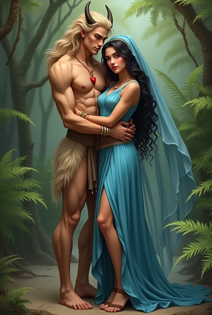 A handsome, thin young man with long beige hair down to his knees. He is bare-chested and tanned.. Legs are fluffy, covered with brown fur, all fur, he is still a faun or a satyr. He is very young.. Looks only . Facial features are masculine, Asian. He is thin built.. He has a red heart pendant on his chest. He is being embraced by a woman in a bright blue floor-length tunic.. The woman has black braids down to the ground. On the head is a translucent veil reaching to the floor. The woman&#39;s eyes are green. There is a brown belt on the tunic. Shoes women brown greek sandals. Woman smiling. She has tanned skin and a pink blush on her face.. Forest background with ferns.