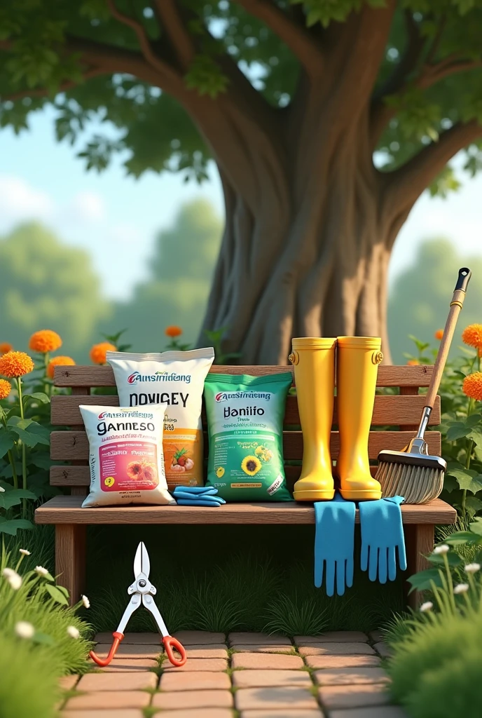 Terdapat 3 bungkus baja dan sepasang kasut getah kebun berwarna kuning dan gunting besar pemotong pokok bunga berwarna silver dan sepasang sarung tangan getah berwarna biru di atas sebuah bangku kayu di bawah pokok besar, terdapat penyapu dan pencakar rumput bersandar di bangku tersebut, 3D Style dengan latar belakang sebuah Taman bunga