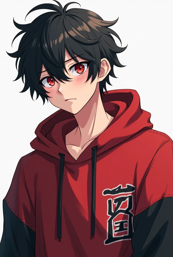 anime male character wearing a red and black hoody, the expression on his face is lazy, droopy, and somewhat uninterested, he has red eyes, his attitude is laid-back and nonchalant a cool emo guy type of energy.