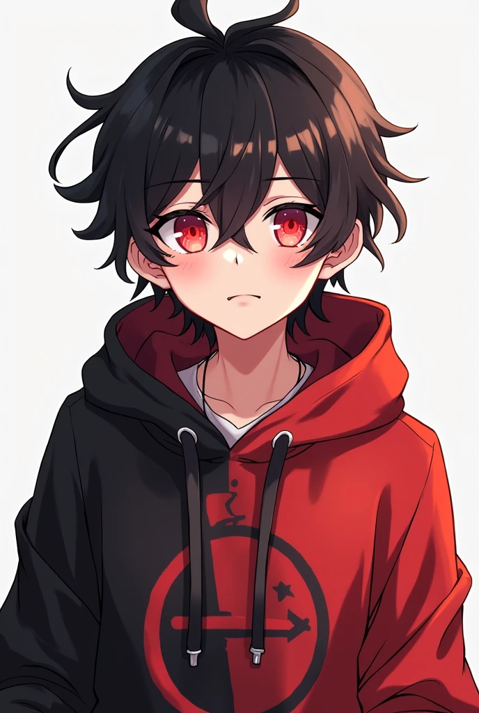anime male character wearing a red and black hoody, the expression on his face is lazy, droopy, and somewhat uninterested, he has red eyes, his attitude is laid-back and nonchalant a cool emo guy type of energy.