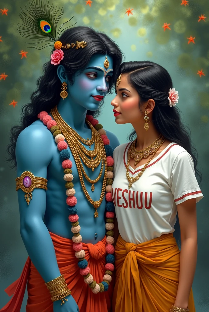 lord karishna and A indian girl she wear white shirt and on the her shirt write name Veshuu, peacock pankh best friend forever