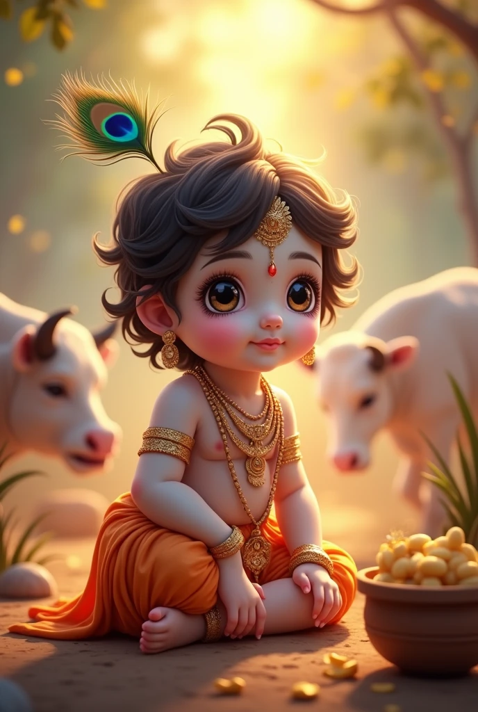 Generate image for wishing krishna janamashtmi including lord kriahna baby form which is sweet, elegant, graceful, full of divinity and bliss. It should not include dark colour in majority . Make it a beautiful scenic image which include cows, butter and peacock feather on krishna's head . Make this image heart warming