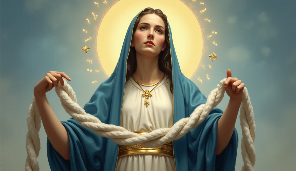 "Create five high-definition images of Our Lady Undoer of Knots, presenting it in a traditional artistic style. Mary must be represented with a serene and maternal expression, with a deep blue cloak and a white tunic. Your eyes should convey compassion and wisdom. The image should include subtle details, like a white and gold sash or ribbon, that she is holding or that is being undone by her hands, symbolizing the action of untying the knots. The cloth of Mary&#39;s garment should have a soft shine, reflecting heavenly light. Ao fundo, a halo of soft, golden light should emanate, creating an aura of holiness and peace around Mary. The background should be a soft gradient of blue and gold tones., evoking a sense of serenity and divinity. Add subtle decorative elements, like small symbols of ropes or undone knots integrated into the background. Include refined details, like delicate textures in the garments and a serene expression on Mary&#39;s face. Make sure the image is of high quality and resolution., with special attention to detail and clarity."