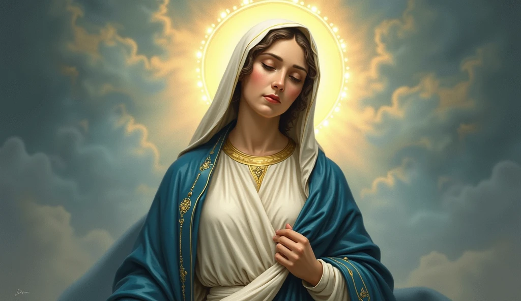 "Create five high-definition images of Our Lady Undoer of Knots, presenting it in a traditional artistic style. Mary must be represented with a serene and maternal expression, with a deep blue cloak and a white tunic. Your eyes should convey compassion and wisdom. The image should include subtle details, like a white and gold sash or ribbon, that she is holding or that is being undone by her hands, symbolizing the action of untying the knots. The cloth of Mary&#39;s garment should have a soft shine, reflecting heavenly light. Ao fundo, a halo of soft, golden light should emanate, creating an aura of holiness and peace around Mary. The background should be a soft gradient of blue and gold tones., evoking a sense of serenity and divinity. Add subtle decorative elements, like small symbols of ropes or undone knots integrated into the background. Include refined details, like delicate textures in the garments and a serene expression on Mary&#39;s face. Make sure the image is of high quality and resolution., with special attention to detail and clarity."