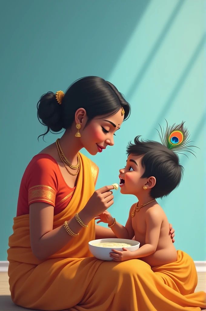 Indian woman with saree feeding cream in a bowl for a 1  boy in sky blue color with peacock feather to his head tied