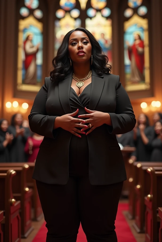 A body that looks like its clothes will burst with big muscles,Create a high-resolution realist 3d image of a dark skin toned melanin elegant woman with a findom dominant and commanding persona and Prescence wearing luxurious attire, such as a tailored suits or designer dress, and posed in a confident stance. full body tall and plus size curvey body 5'9 265 lbs This mage should exude power, control, and sophistication, with a hint of mystery. the back ground is lavish hight rise office or a luxurious richly decotated tool reflecting wealth and power ,delivering a powerful speech inside a traditional gospel church. She stands at a wooden podium, dressed in an elegant black suit with a gold chain necklace. The church is warmly lit with stained glass windows depicting religious scenes. A choir, also in traditional gospel attire, is positioned behind her, singing passionately. The church is filled with an attentive congregation, and the atmosphere is vibrant and inspiring, combining historical architecture with a spiritual ambiance.