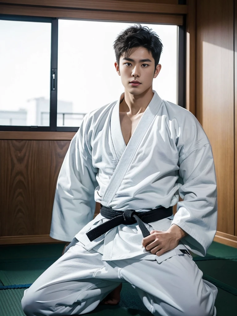 Cinematic Photo of a handsome japanese men 25-30 y.o fashion model, black colour hair. He is now playing judo in the competition.