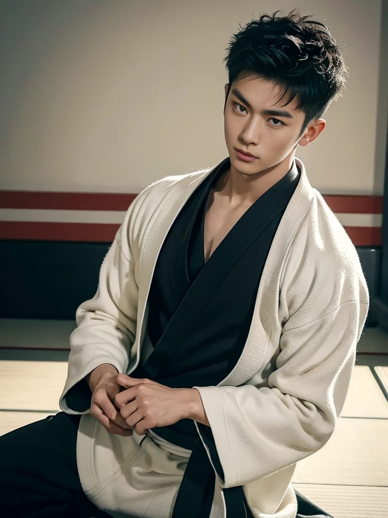 Cinematic Photo of a handsome japanese men 25-30 y.o fashion model, black colour hair. He is now playing judo in the competition.