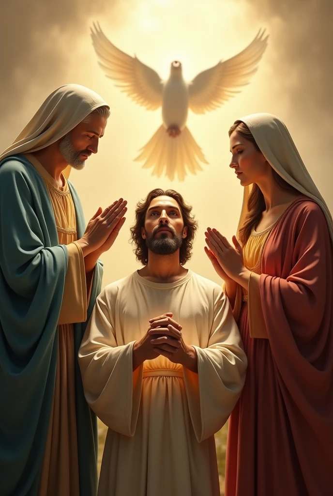 Make me a photo of mother mary, holy spirit, god father, jesus, Very realistic, photo taken using a Nikon camera