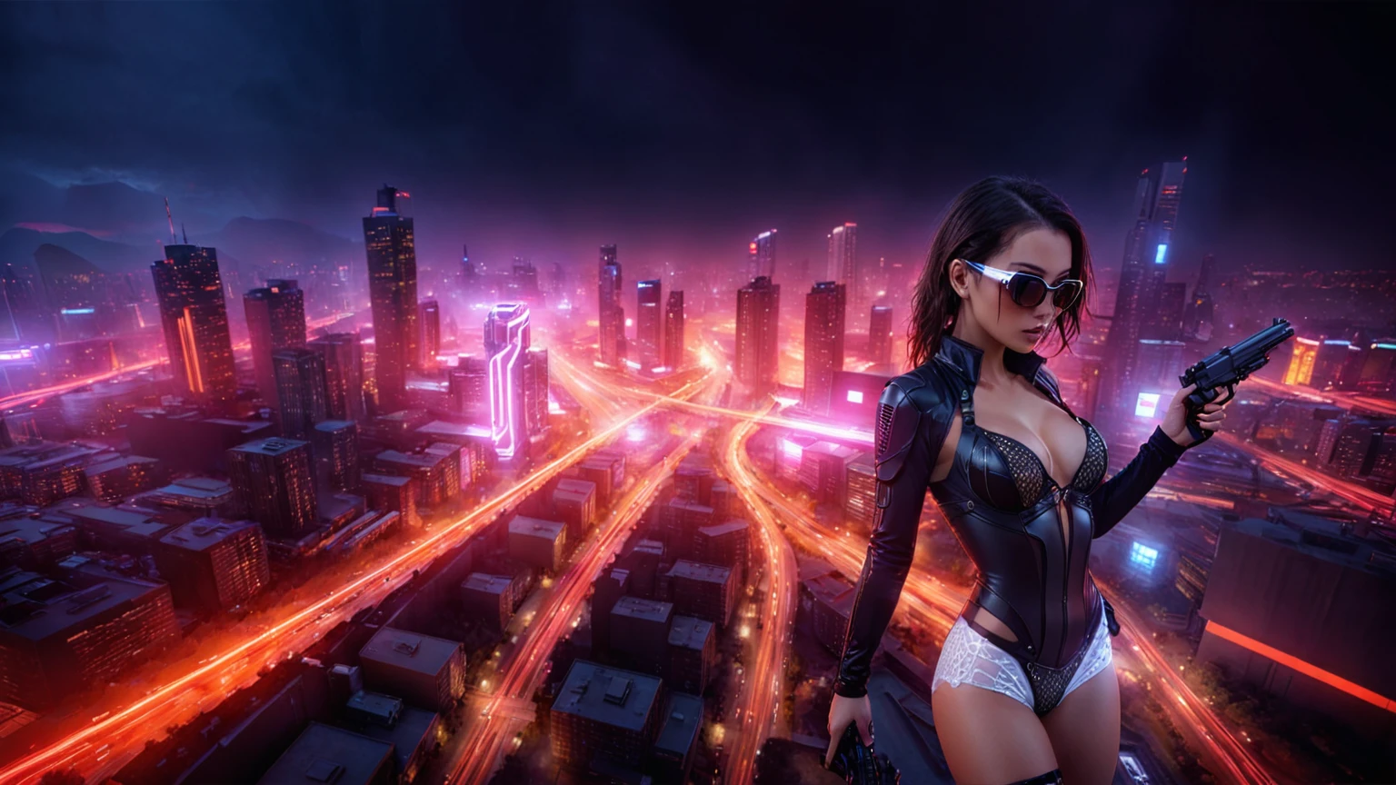 (High view). There's a cyborg woman (8k) wearing a futuristic leotard (best quality) standing in a cyberpunk city alley at night, darksynth aesthetic, red neons, haze, 1drone, foggy night, ultra detailed, photorealistic. At night, (1girl, solo, alone), photorealistic, medium-breast slim:0.6 body, oval:0.5 face, cleavage:1.1, sexy black laced bra, miniskirt, white laced panty, coat, (black micro sunglasses), (holding a short gun), (slightly leaning forward running pose), ((half-body thigh level medium shot)), cinematic lighting, ray tracing, motion blurred background.