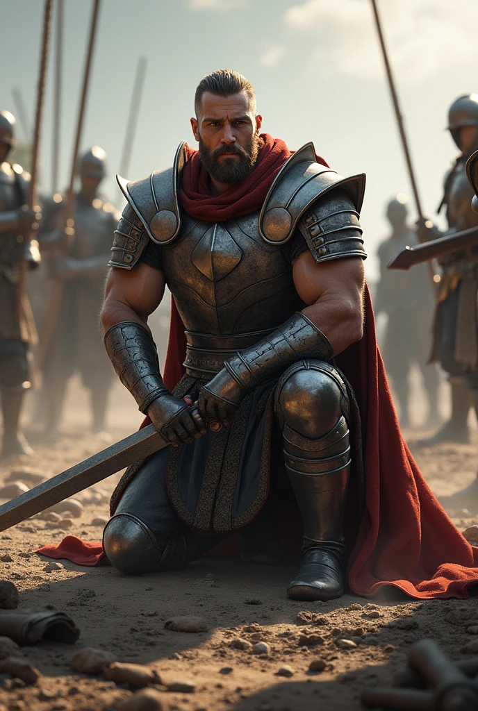 A clean shave brave male warrior with well built body, he wear a armour and sitting in a battle field on his knees with his long sword