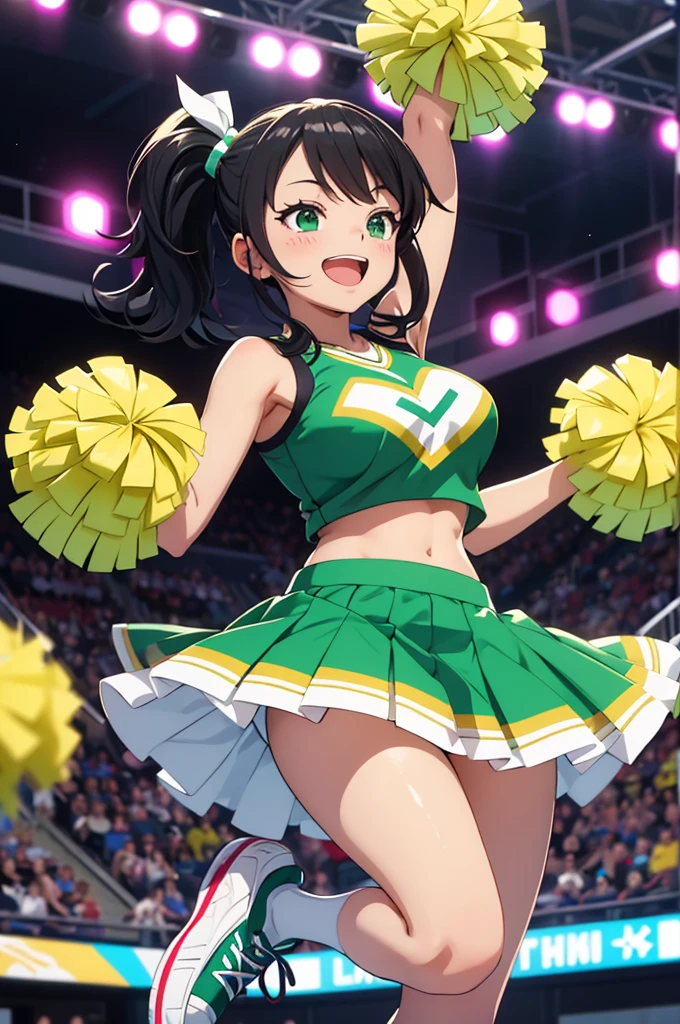 Visualize a female version of Izuku Midoriya from My Hero Academia dressed as a vibrant and energetic cheerleader. Her short, wavy green hair is styled to frame her face, with a few strands playfully falling across her forehead. Her large, expressive green eyes are filled with enthusiasm and determination, reflecting her spirited personality and dedication to her team.
She is dressed in a classic cheerleader outfit with the following features:
Cheerleading Uniform: The uniform is a two-piece ensemble consisting of a sleeveless top and a pleated skirt. The top is a vibrant green to match her signature color, with white and gold accents along the edges and her team’s emblem or initials proudly displayed across the chest. The skirt is short and flared, allowing for maximum movement and energy during her routines. The pleats in the skirt add a dynamic element, flowing gracefully with her every jump and twirl.
Footwear: She wears white athletic shoes with green and gold accents, designed for both style and performance. The shoes have a supportive design, perfect for executing high-energy stunts and routines. Her socks are knee-high, white with green stripes at the top, adding a classic cheerleader look.
Pom-Poms: In each hand, she holds large, fluffy pom-poms that match the color scheme of her outfit. The pom-poms are lively and full, catching the light as they shake and move with her energetic motions.
Additional Details:
Pose: Female Izuku is captured mid-cheer, perhaps in the middle of a high jump or a powerful cheer pose, with one arm raised high, holding a pom-pom, and the other hand on her hip. Her expression is bright and joyful, with a wide, encouraging smile that radiates positivity and team spirit. Her body language is full of energy, with every muscle engaged in her cheer routine.
Background: The setting is a lively sports arena or field, with the crowd in the background slightly blurred to keep the focus on her. The background includes stadium lights and b