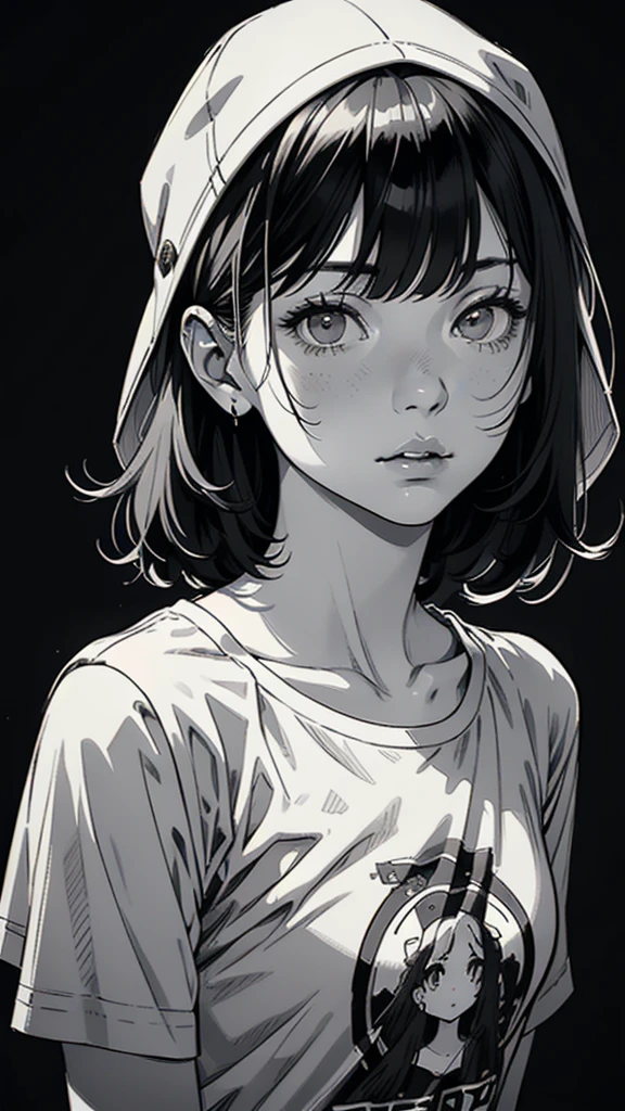 1 boyish girl, solo, sharp eyes, monochrome, greyscale, short black hair, portrait, T-shirt, closed mouth, looking at viewer, sketch, graphite \(medium\), detailed lips, hatching \(texture\), without makeup, bangs, upper body, (best illustration), (best quality), (very detailed), (masterpiece), expressionless,